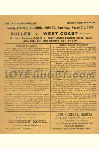 1954 Buller v West Coast  Rugby Programme